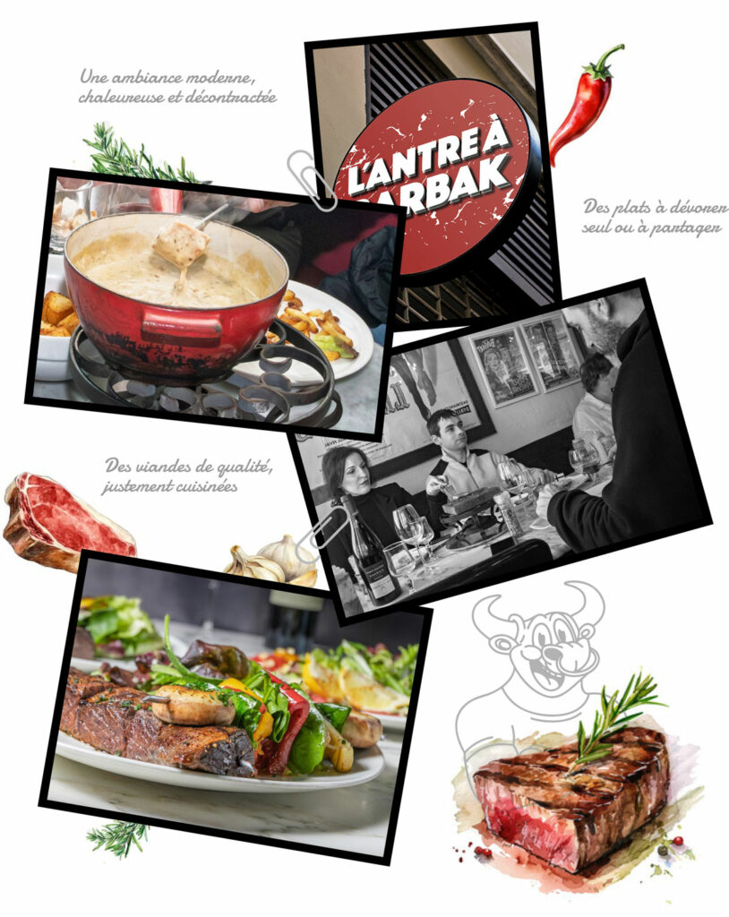 Patchwork de photos de l'Antre à Barbak montrant l'enseigne, une fondue de fromages, la salle du restaurant et les brochettes de boeuf faites maison