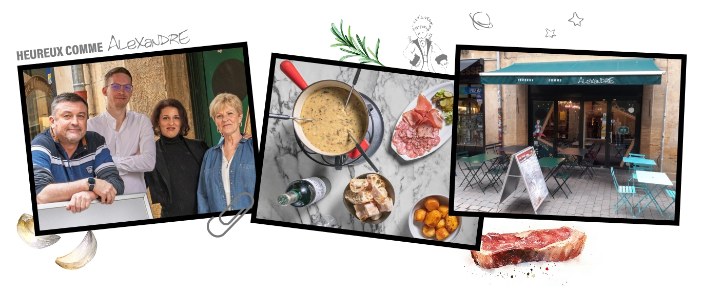 3 photos de la façade, des propriétaires et des plats de viande du restaurant Heureux comme Alexandre situé à Metz