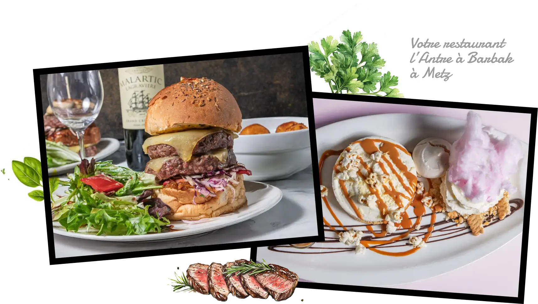 Photos et illustrations d'un double burger et des desserts maison servis au restaurant Heureux comme Alexandre de Metz