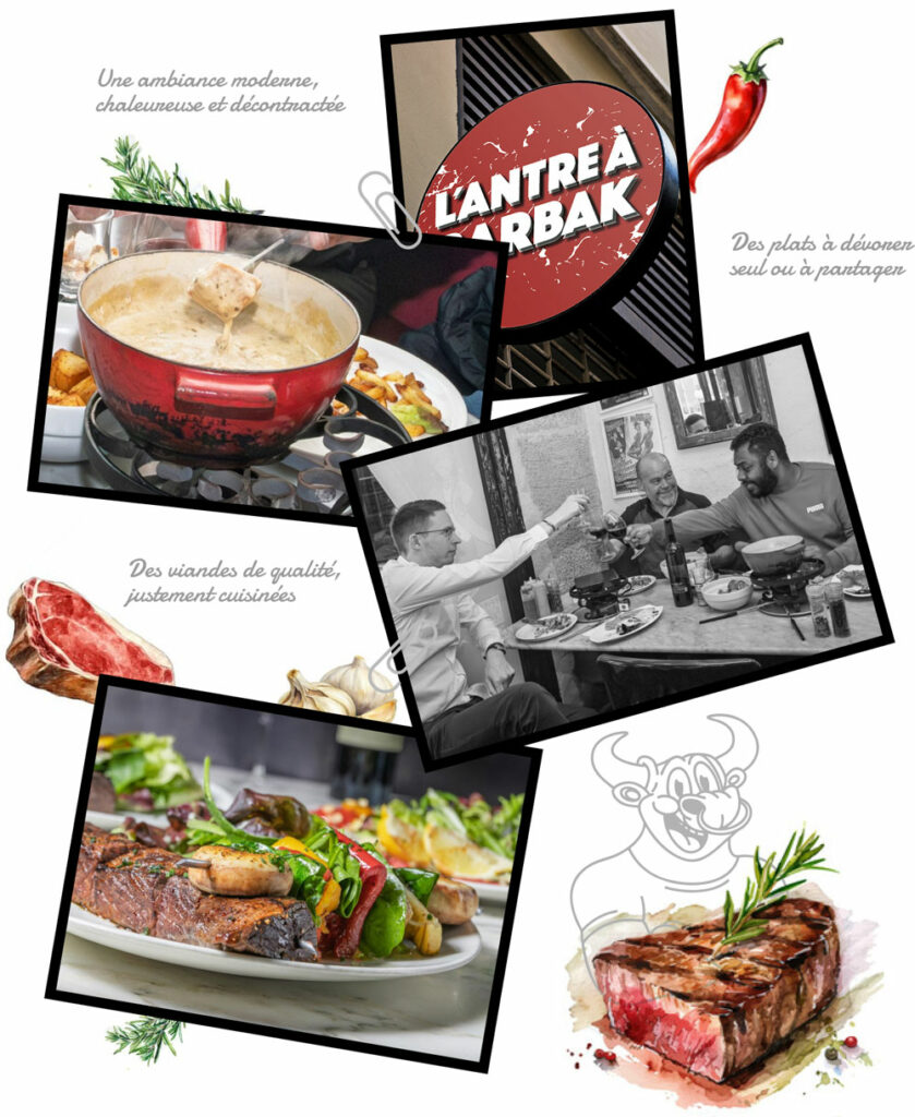 Patchwork de photos de l'Antre à Barbak montrant l'enseigne, une fondue de fromages, la salle du restaurant et les brochettes de boeuf faites maison