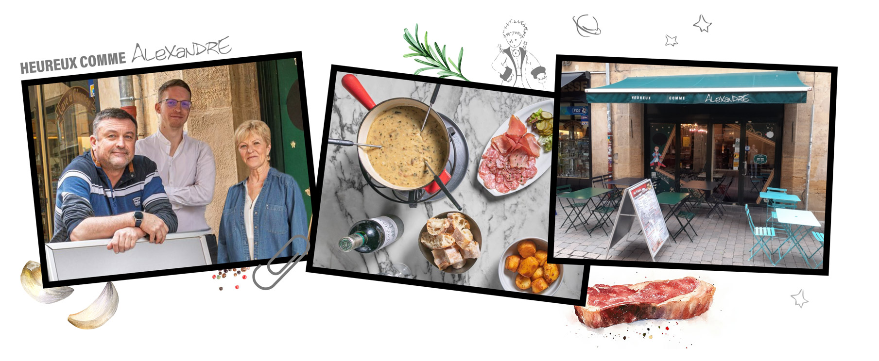 3 photos de la façade, des propriétaires et des plats de viande du restaurant Heureux comme Alexandre situé à Metz